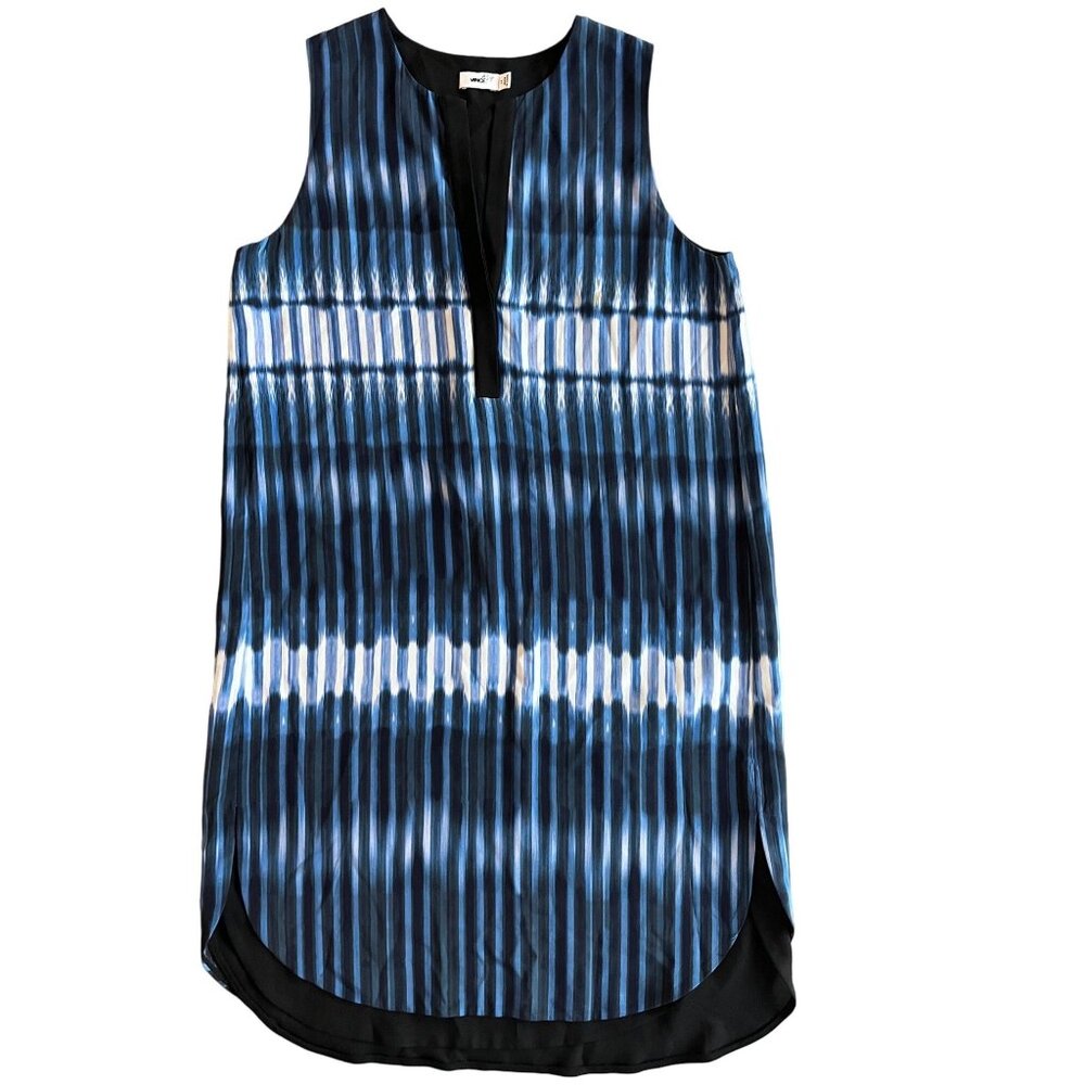 XS EUC Vince Silk Sleeveless Black Denim Blue Tie Dye Lined Summer Shift Dress - Picture 2 of 12